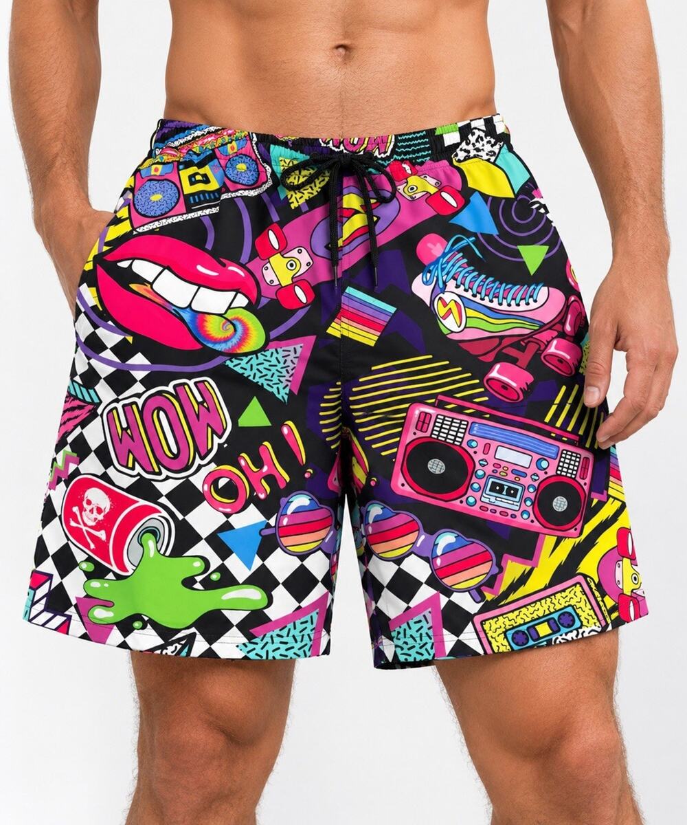 Massive Retro Swim Trunks 90s Geometric Print Neon Pattern Size XLARGE